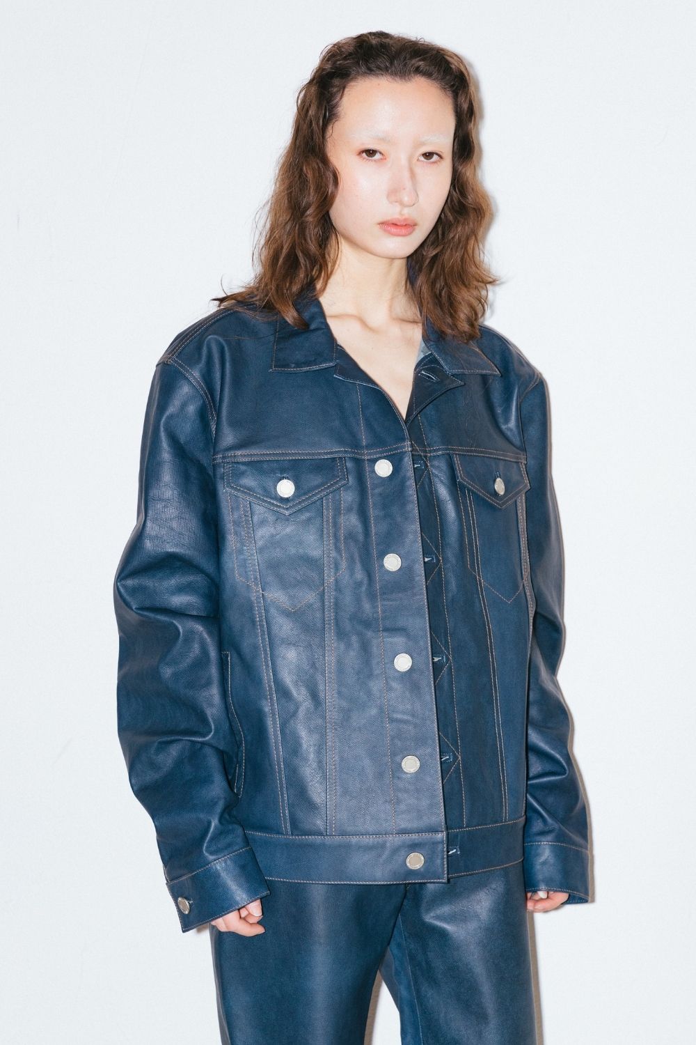 Upsized Basic Leather Jacket in Waxed Denim