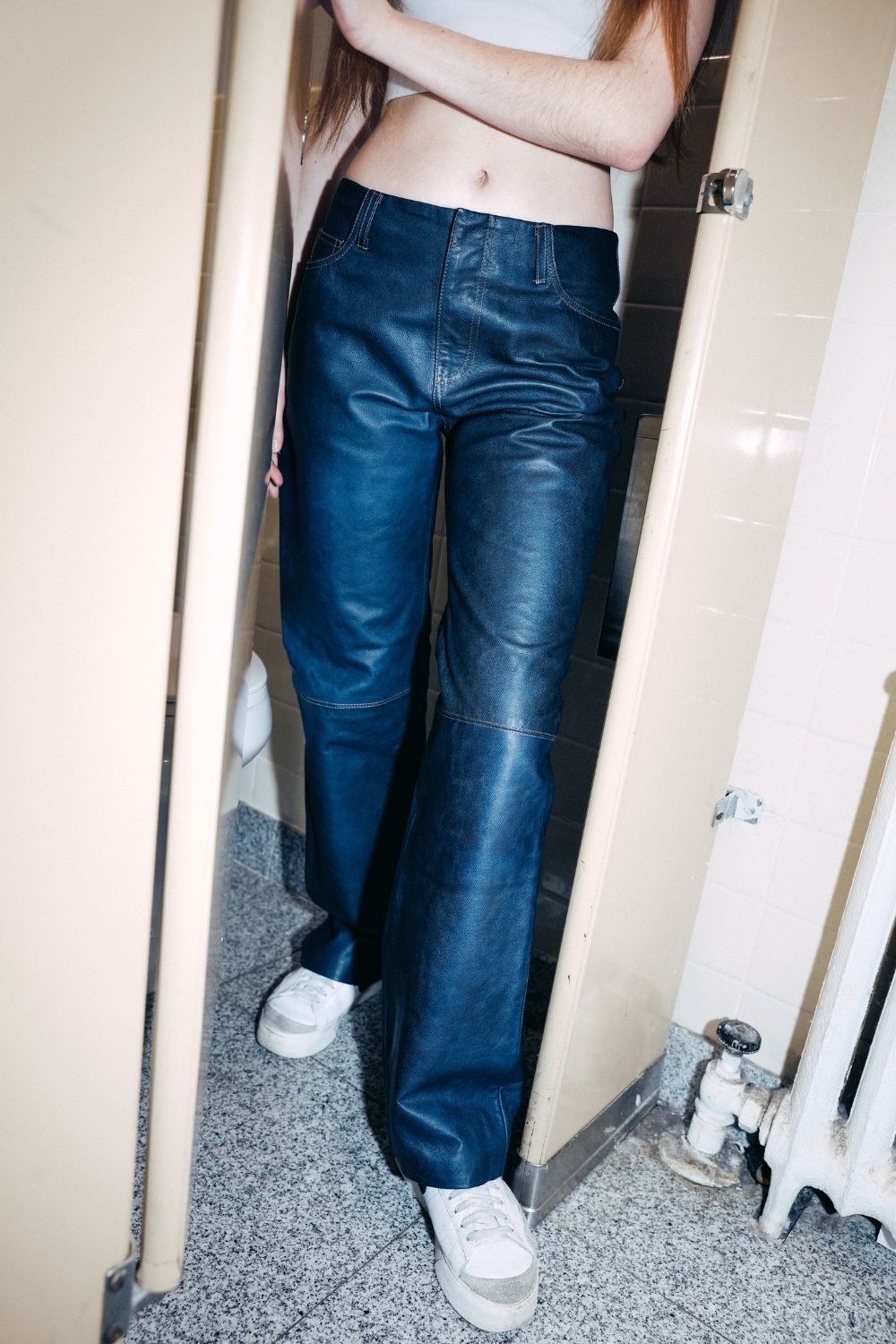 No Waist Leather Pants in Waxed Denim