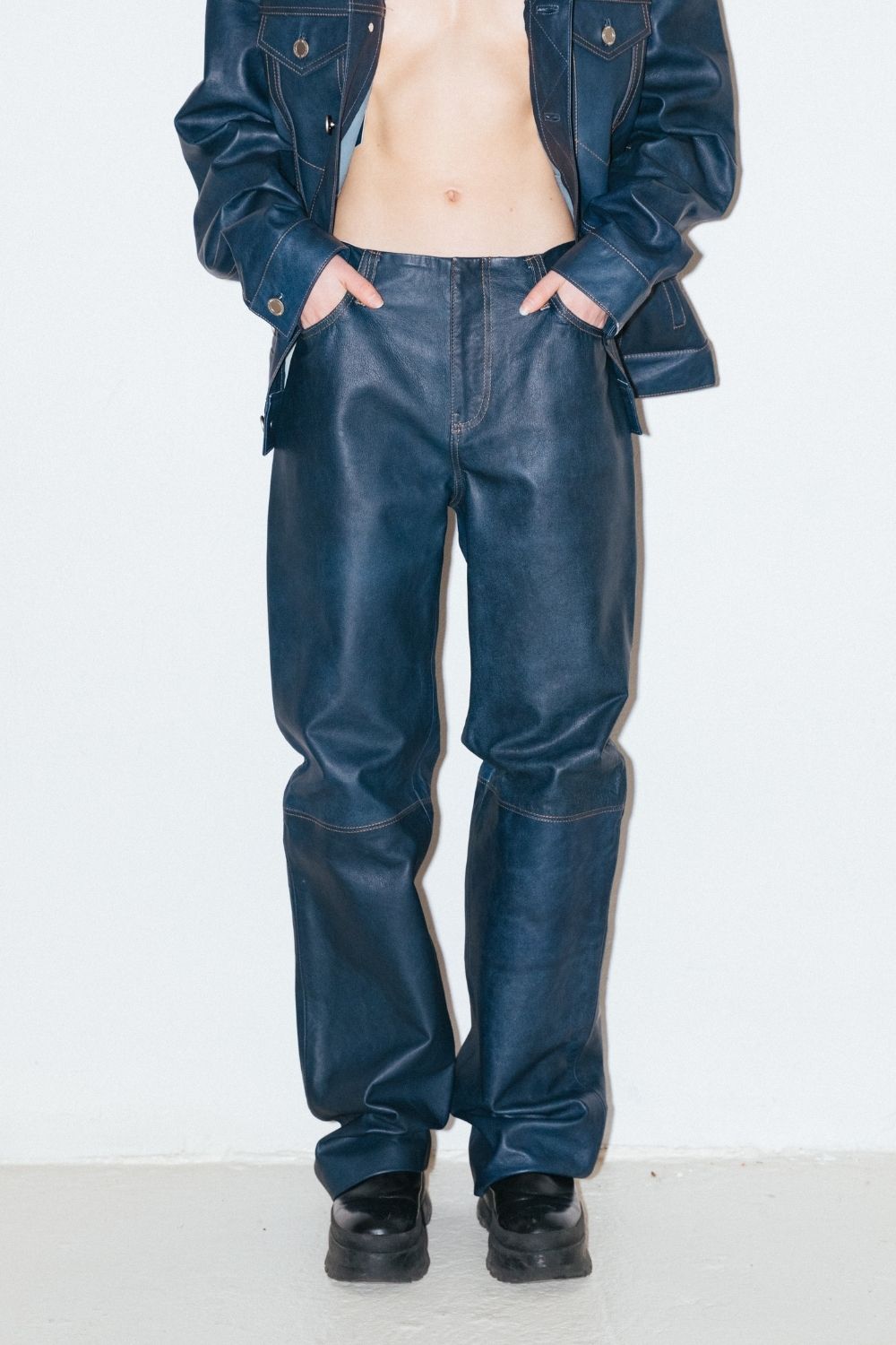 No Waist Leather Pants in Waxed Denim