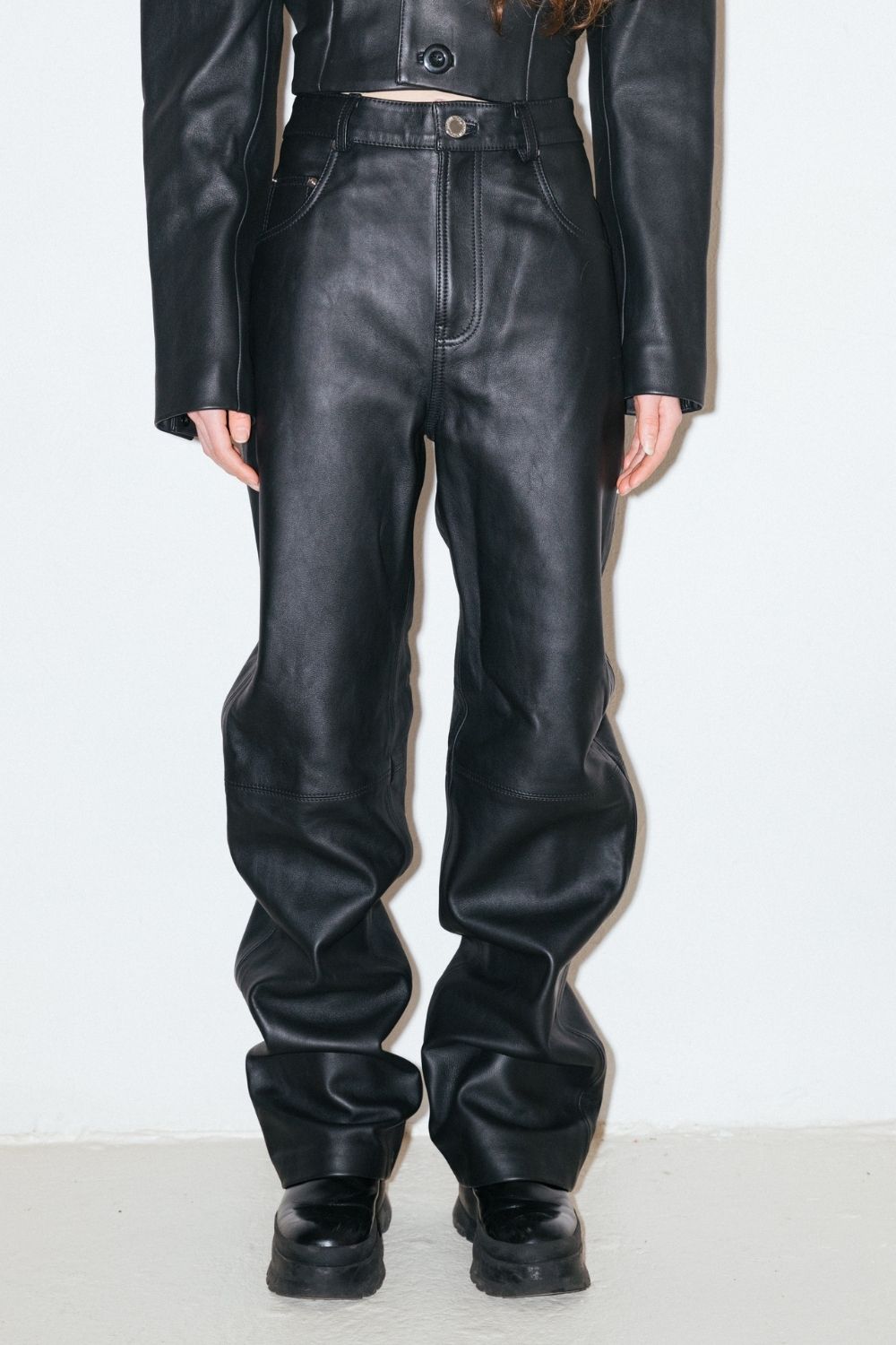 Mid-Rise Straight Fit Leather Pants in Black